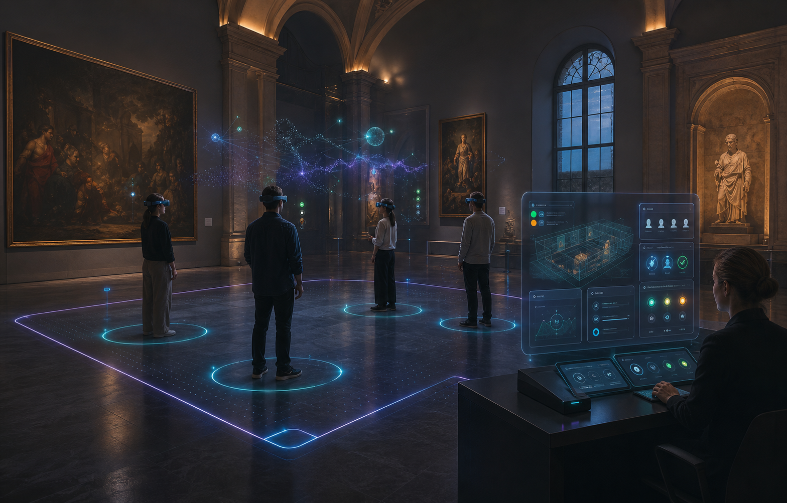 Museum staff guiding a shared immersive session with several visitors